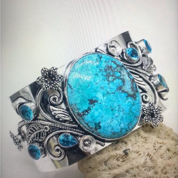 Stampd Jewelry - Turquoise Blue Topaz Stamped 925 Sterling Silver Cuff Bracelet